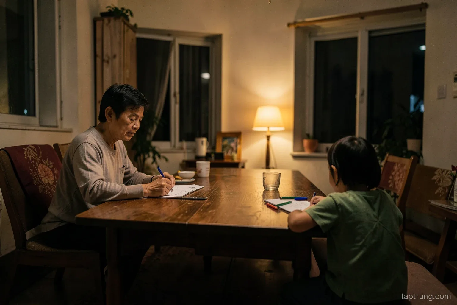 Wide shot of a Vietnamese living room at night, a parent reading at one end of a long table, a child seen from behind drawing at the other end, warm lamp light