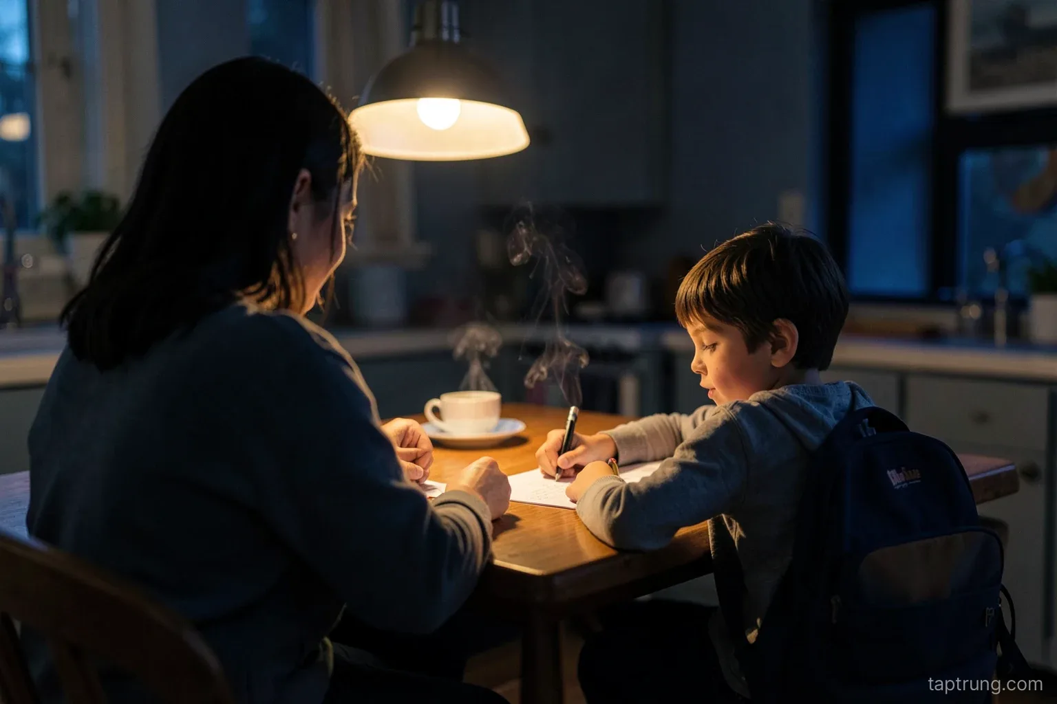 Over-the-shoulder view of a parent sitting beside a child at a kitchen table in early evening, both writing quietly, schoolbag on a chair, steam from a teacup, warm lamp light and navy shadows