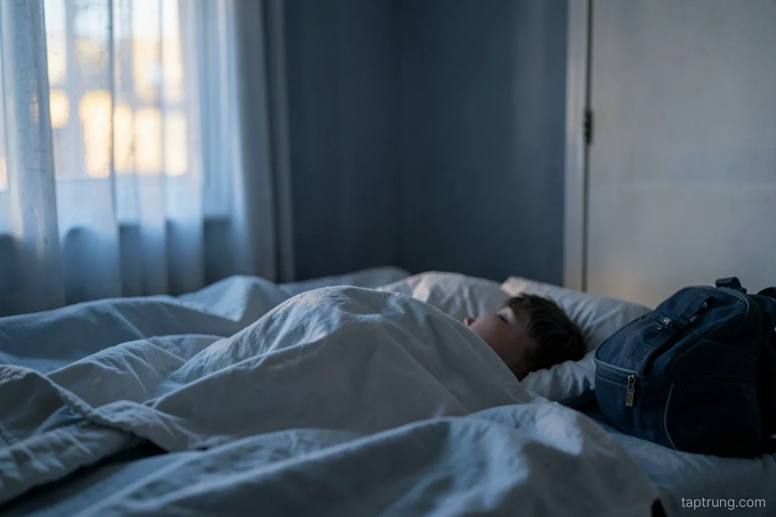 Dim early morning in a small bedroom, a child sleeping seen from behind under a light blanket, curtains glowing with dawn, a packed schoolbag by the door, soft blue and grey tones