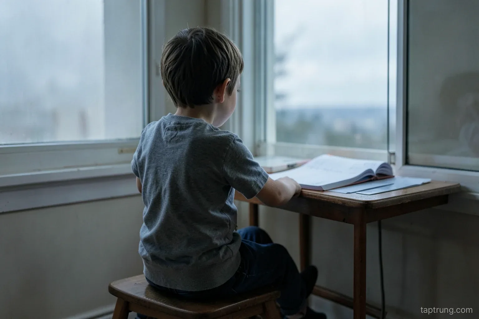 Child seen from behind sitting on a low stool by a window, legs swinging, an open blank exercise book on a small desk, soft overcast daylight, muted slate and sky-blue palette